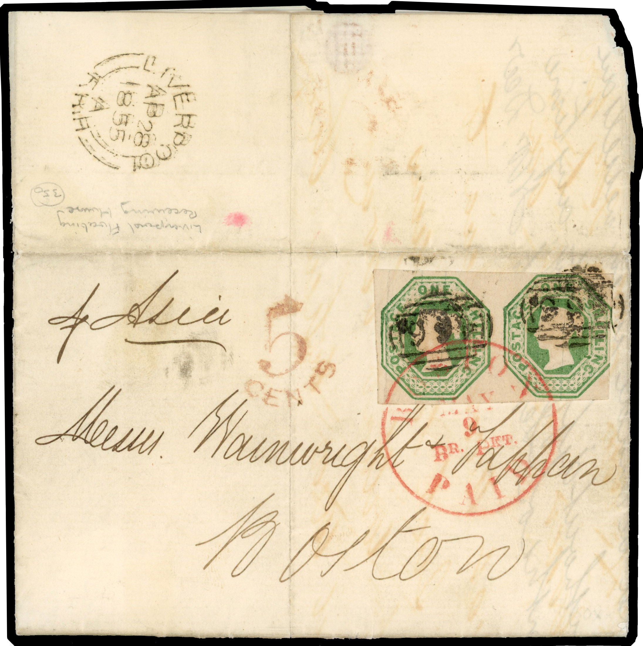 1855 entire letter addressed to Boston, USA franked with 1874-54 Embossed 1s green, horizontal pair