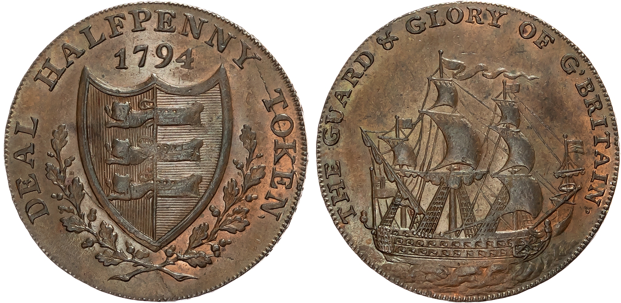 Kent, Deal , Richard Long (book-seller) halfpenny 1794, Man o’ war right, rev. arms of Cinque Ports, edge , PAYABLE AT …