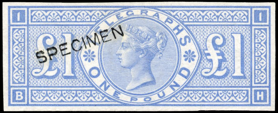 GB: TELEGRAPH: 1877 £1 imperforate colour trial in pale ultramarine (BH), mint large part og overprinted ‘SPECIMEN’