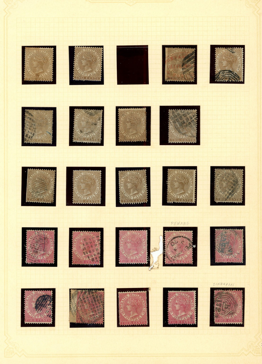 1867-79 issues on leaves, mint and used.  Much is affected by foxing, toning and other faults.  2c brown shades with 6 mint...