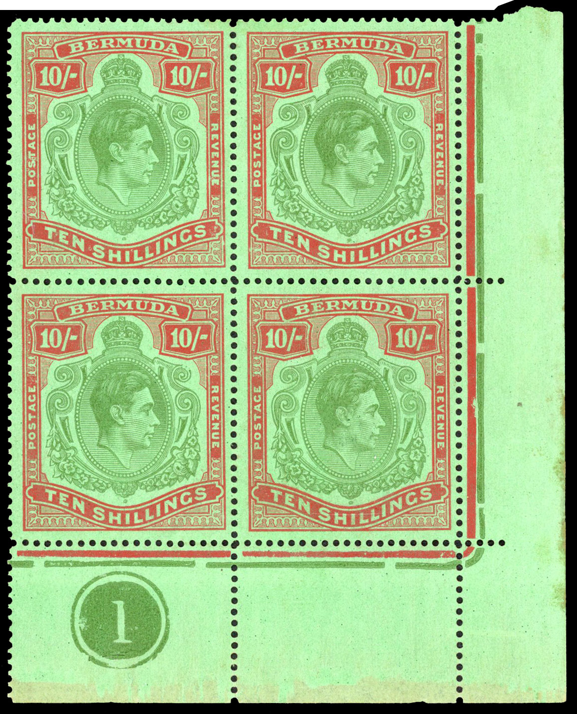 BERMUDA: 1941 10s line perf Scroll flaw block mint