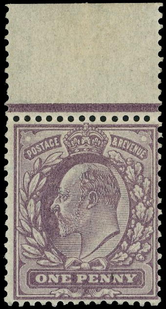1901 1d colour trial in dull purple, top marginal, on gummed Crown watermarked paper
