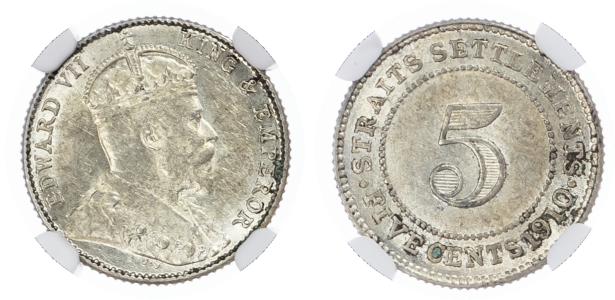 Straits Settlements, British Malaysia. Edward VII AR 5 Cents. 1910B. 
