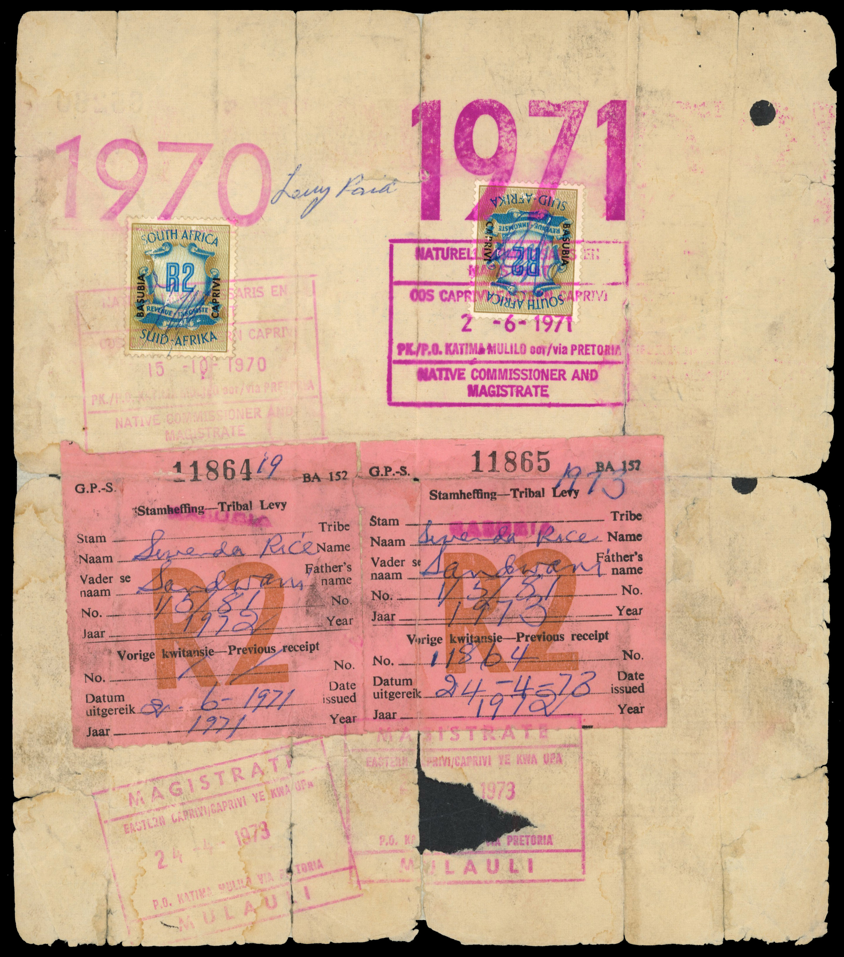 South West Africa. Tribal Taxes; Eastern Caprivi, Basubia Tribe. A Registration card showing payment for 1970-73