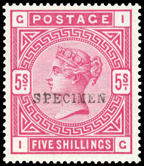1883-84 5s rose, blued paper (IG), overprinted ‘SPECIMEN’ (Type 9), large part og