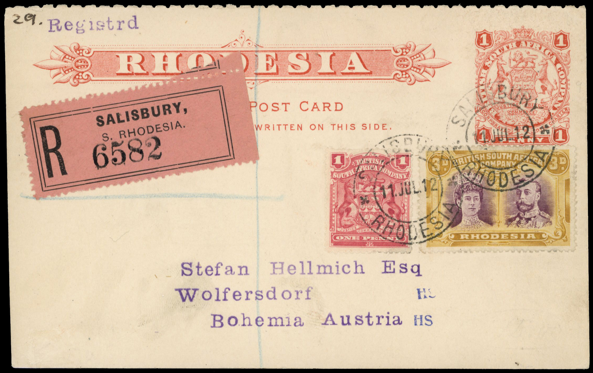 3d deep reddish purple and ochre RSC C, uprating 1d postal stationery card to Austria