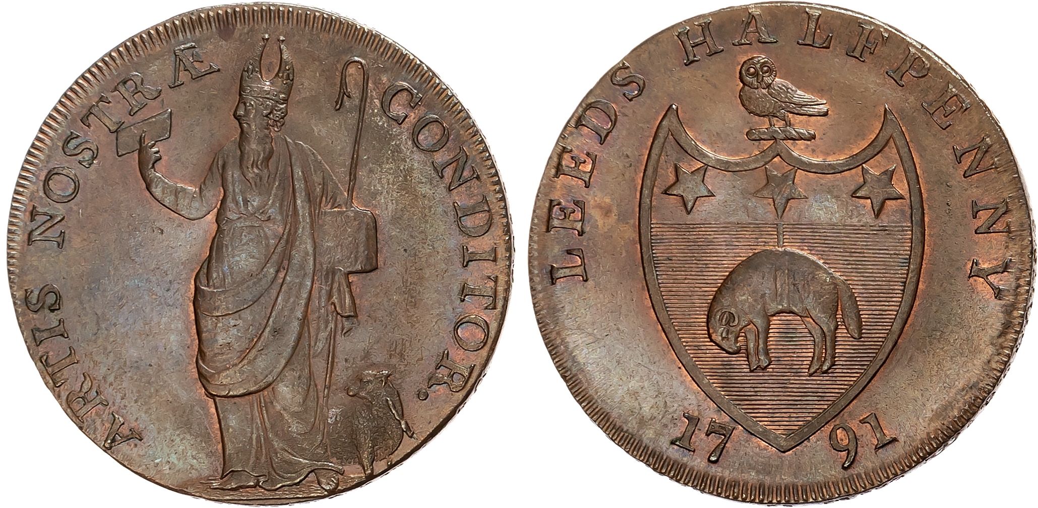 Yorks. Leeds , Richard Paley (soap-boiler, chandler) Halfpenny 1791, Bishop Blaze holding woolcombe, standing left, a sh …