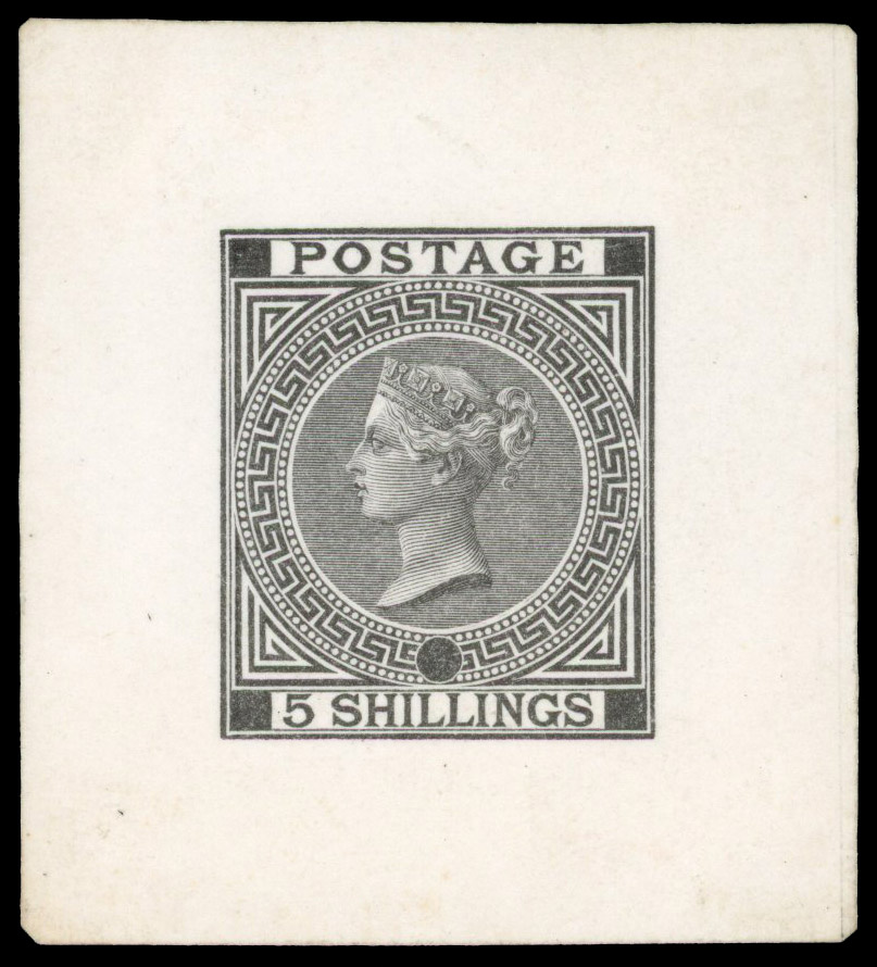 1870 5s Die proof printed in black on white matt card (49 x 54mm),