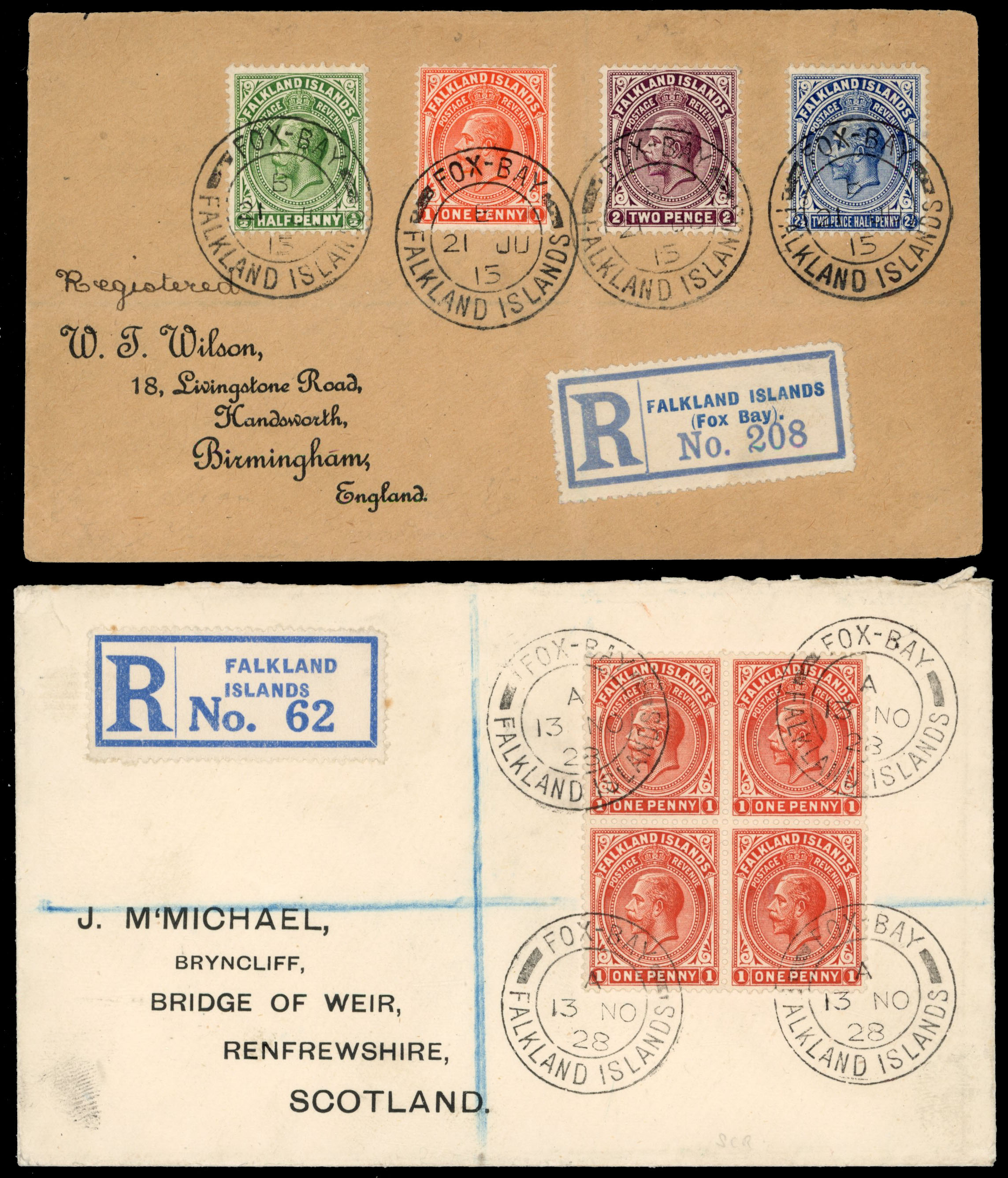 Falkland Islands 1915 and 1928 Fox Bay covers