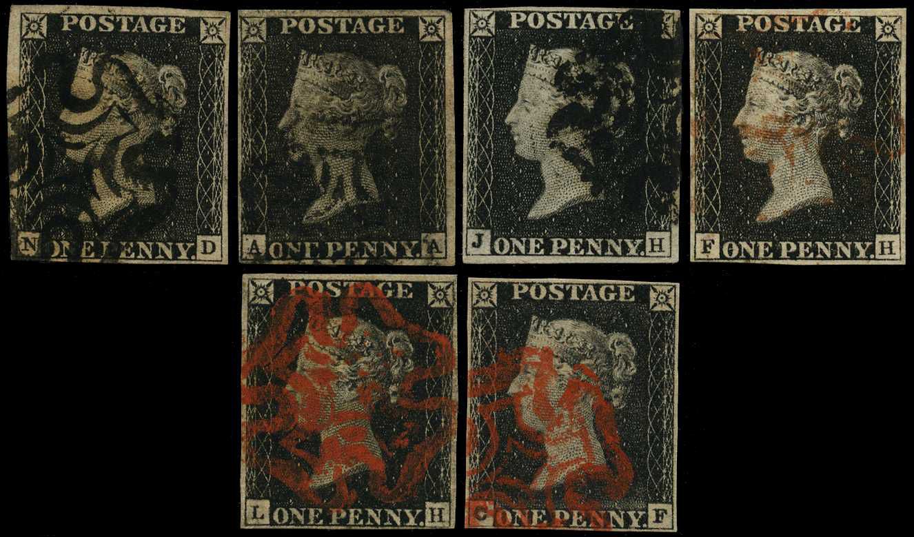 1840 1d black Plate 1b group, four...