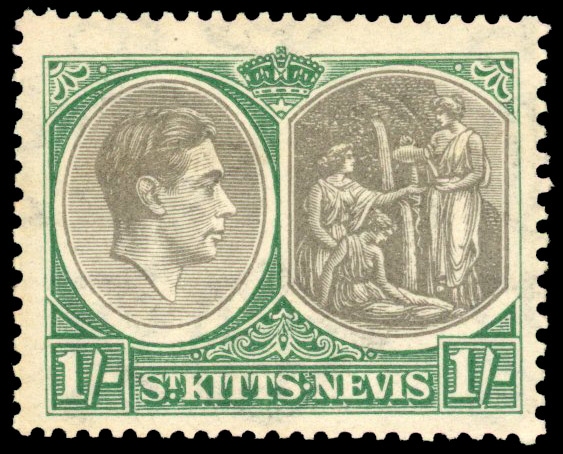 St Kitts-Nevis SG 75a 1938 1/- R3/2 framebreak mint