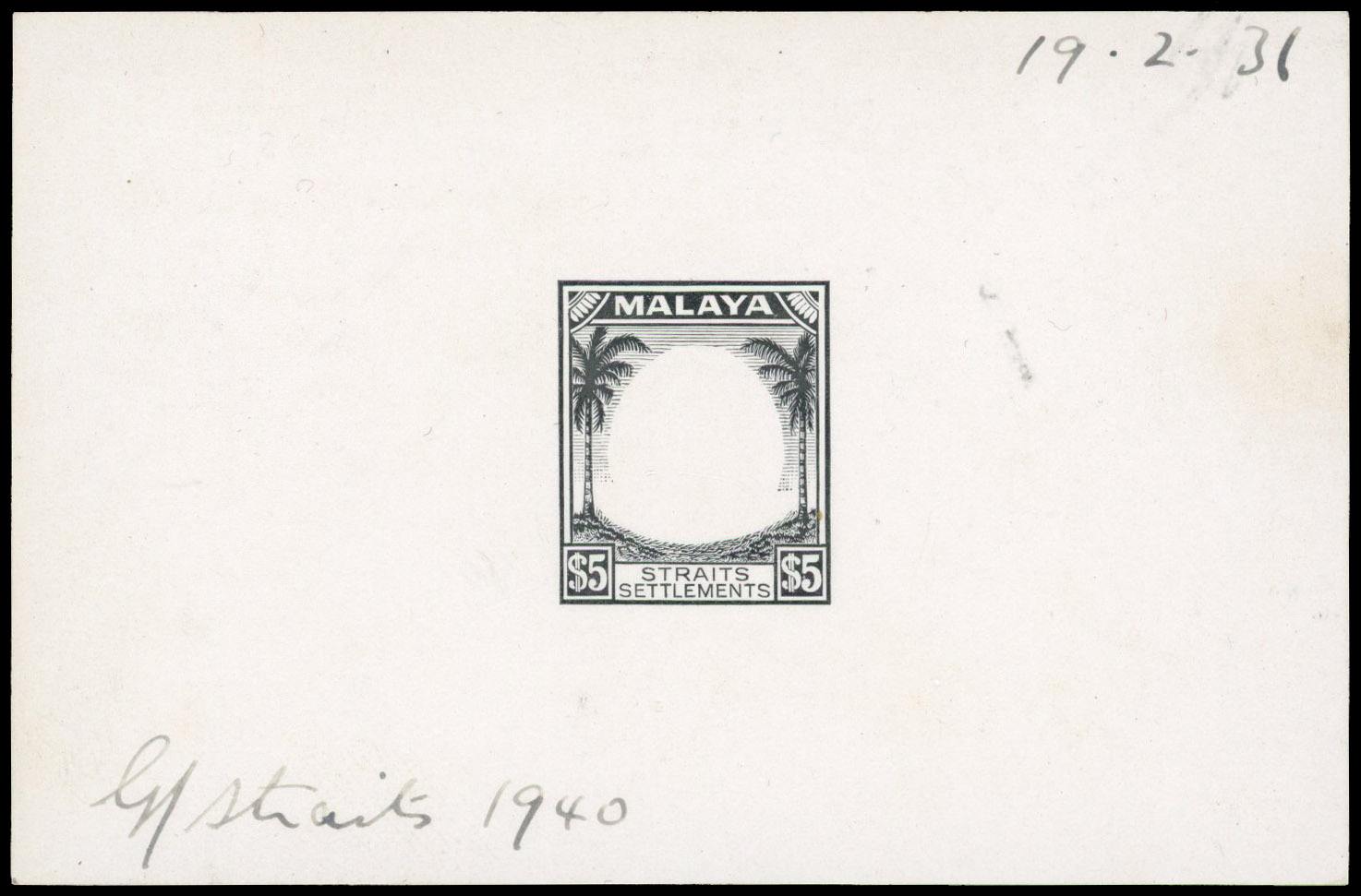 Straits Settlements 1936 $5 frame die proof in black