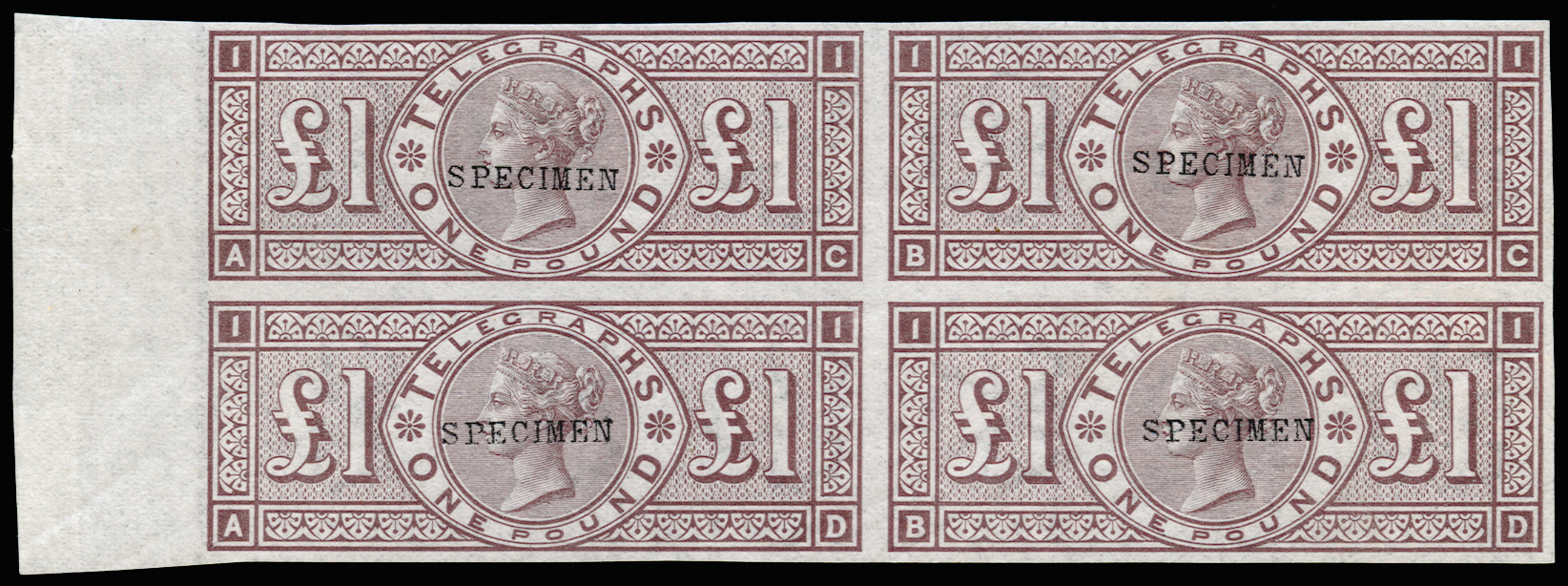 GB SGT17var  1877 £1 Telegraphs. Imperf SPECIMEN block of 4.