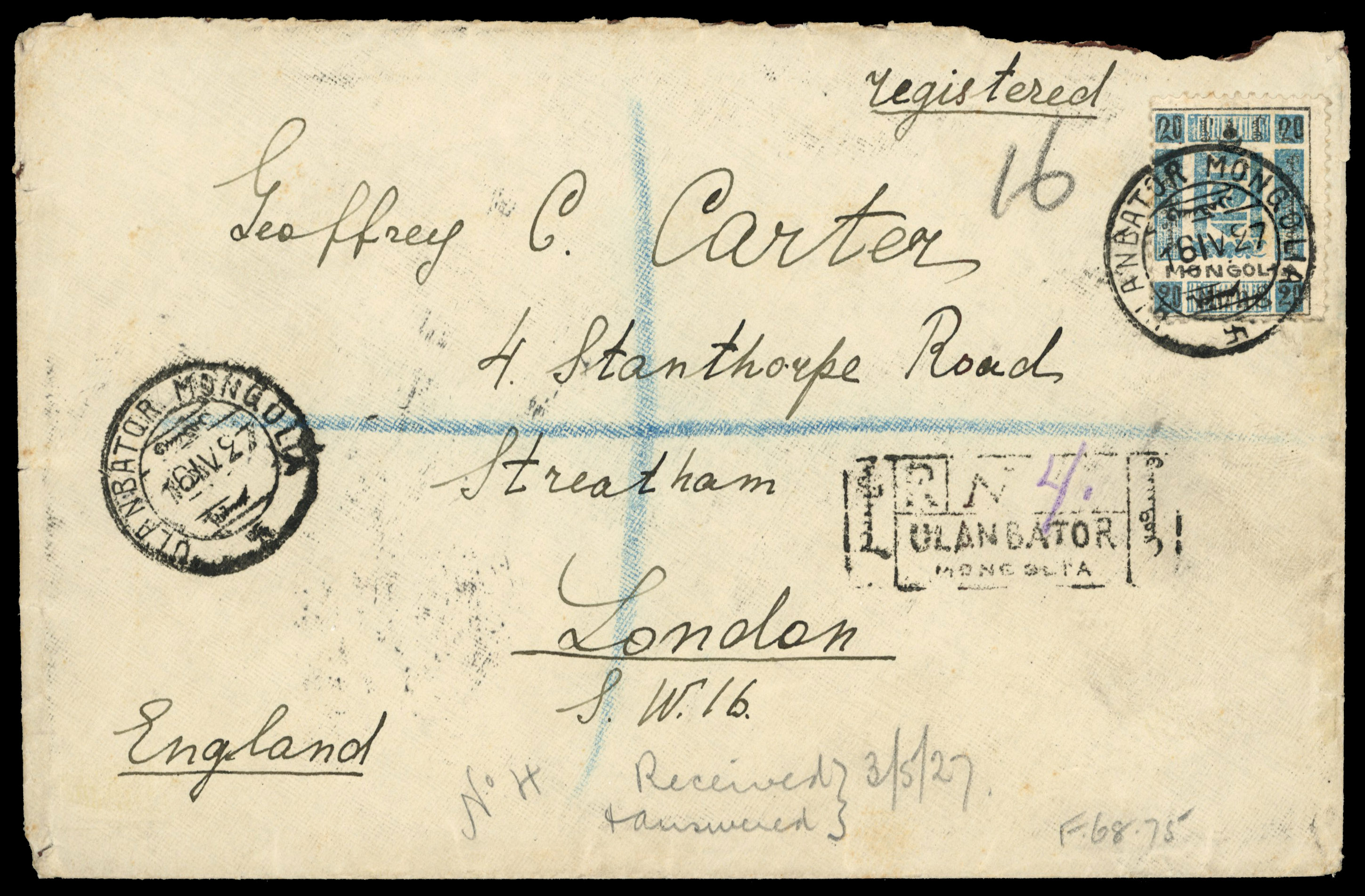 Mongolia 1927 registered cover to London