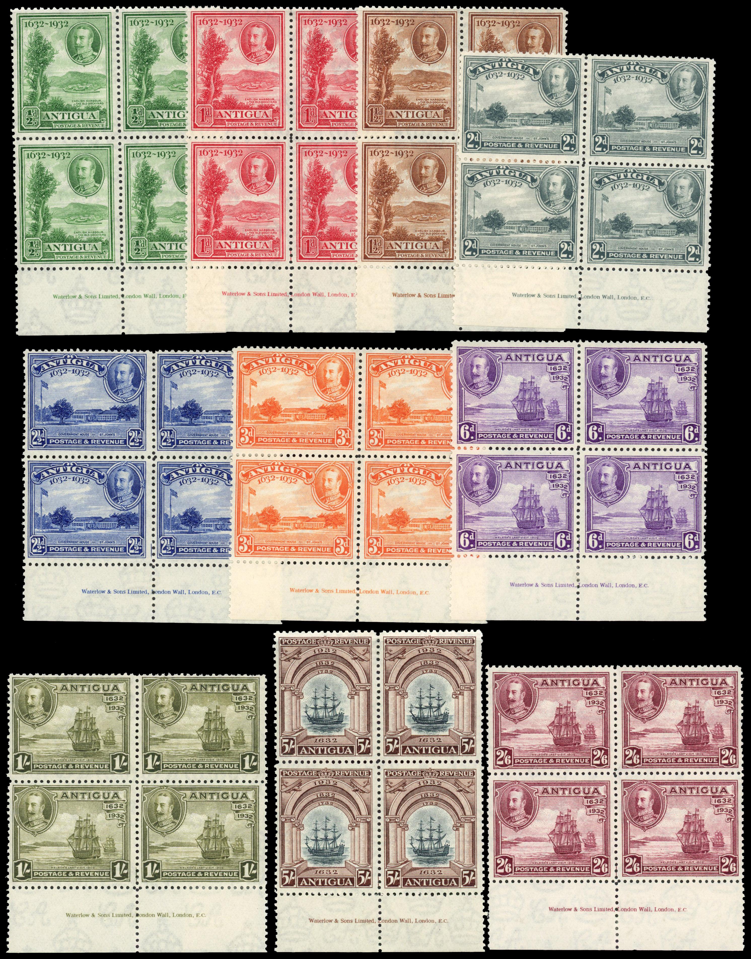 Antigua 1932 Tercentenary set of 10 imprint blocks