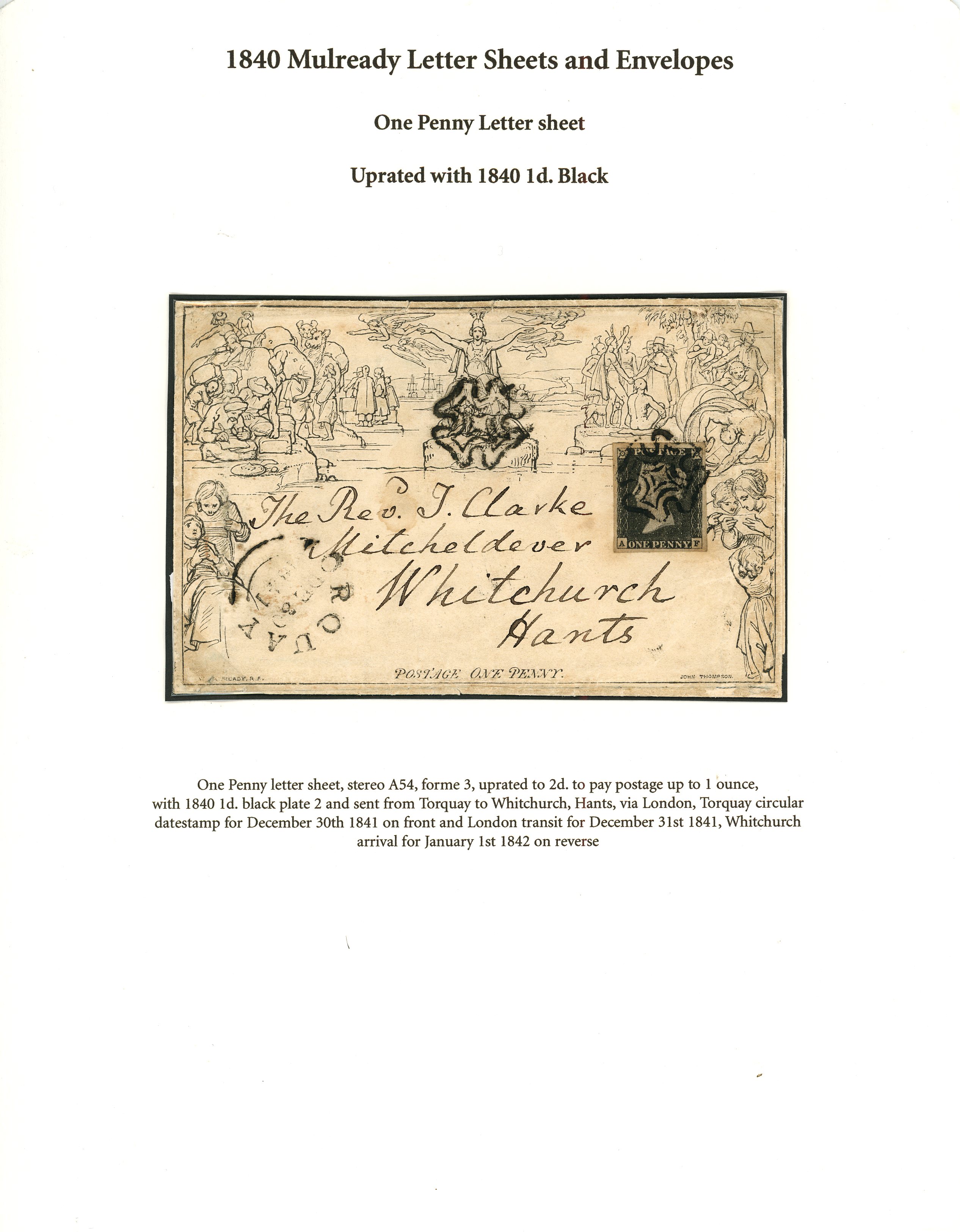 1840 1d black Mulready letter sheet, stereo A54, forme 3, uprated with 1840 1d black plate 2 (AF)