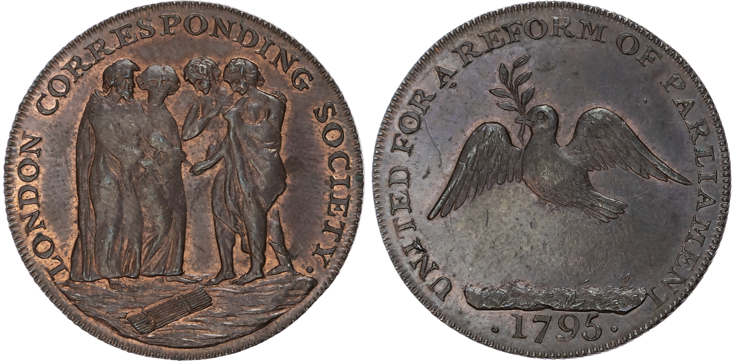 London, Piccadilly , London Corresponding Soc. Halfpenny 1795, Fable of the bundle of sticks, rev. Dove flying…