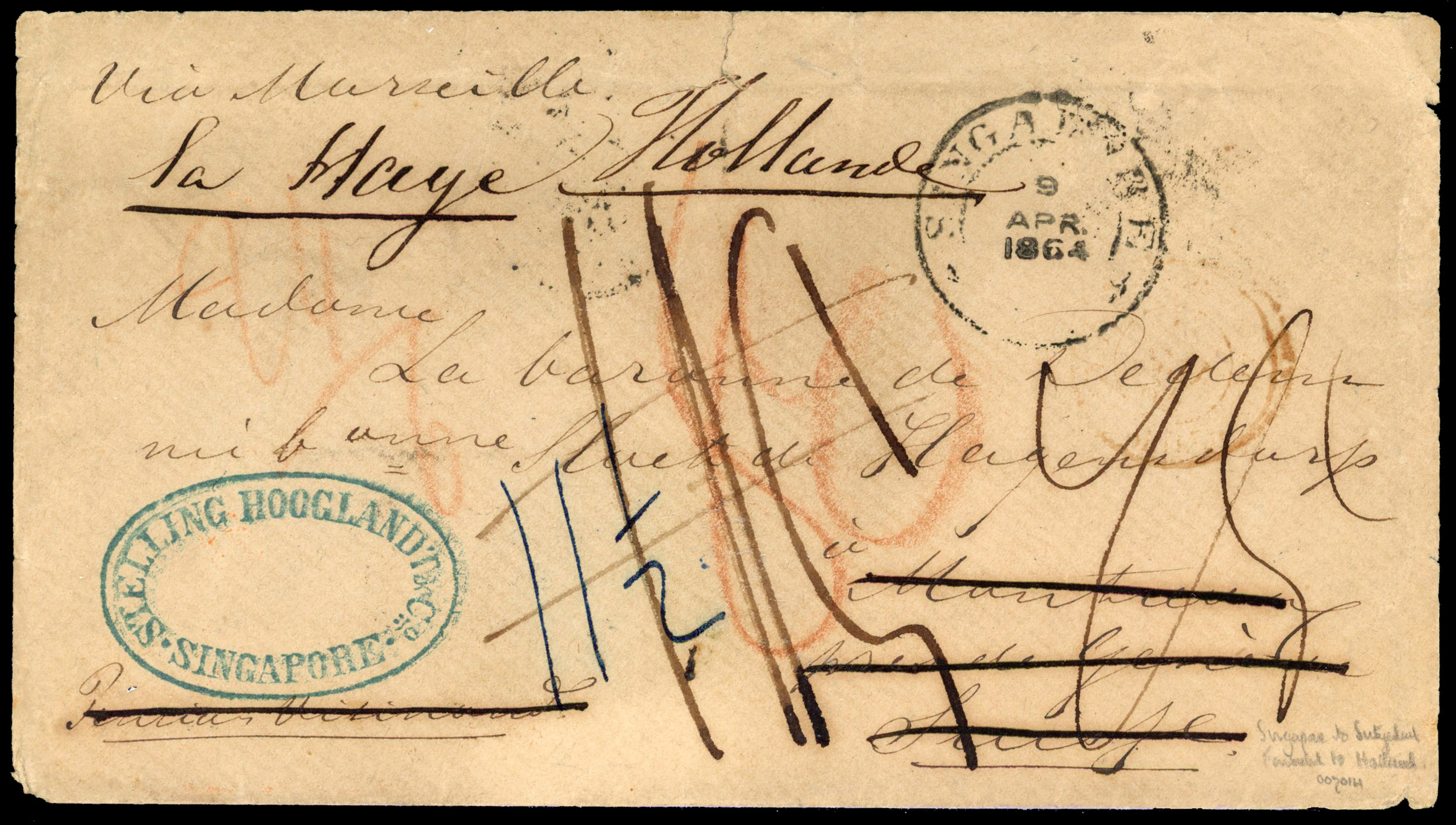MALAYA - STRAITS, 1864 April 9, envelope addressed to Switzerland and re-directed