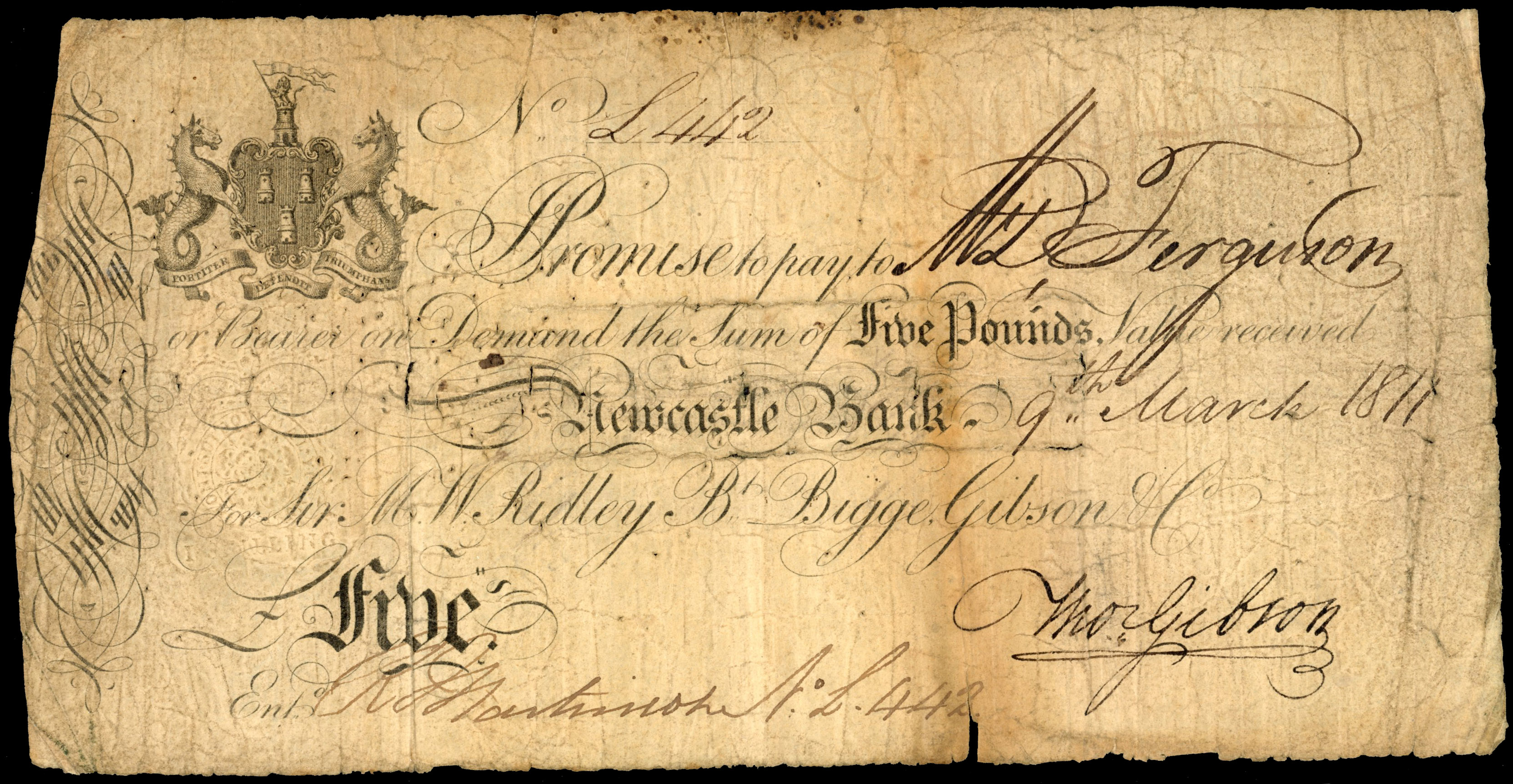 1 NEWCASTLE-UPON-TYNE, Newcastle Bank, for Sir M W Ridley, Bigge, Gibson & Co. £5.,9 Mar 1811 to D Furguson or…