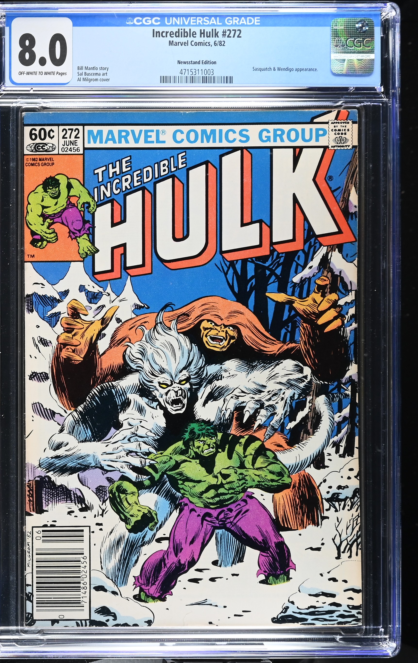 Incredible Hulk #272 CGC 8.0 1st Time Hulk Willingly Transforms Newsstand Edition (Marvel Comcs, 1982) Off-White-White Pages