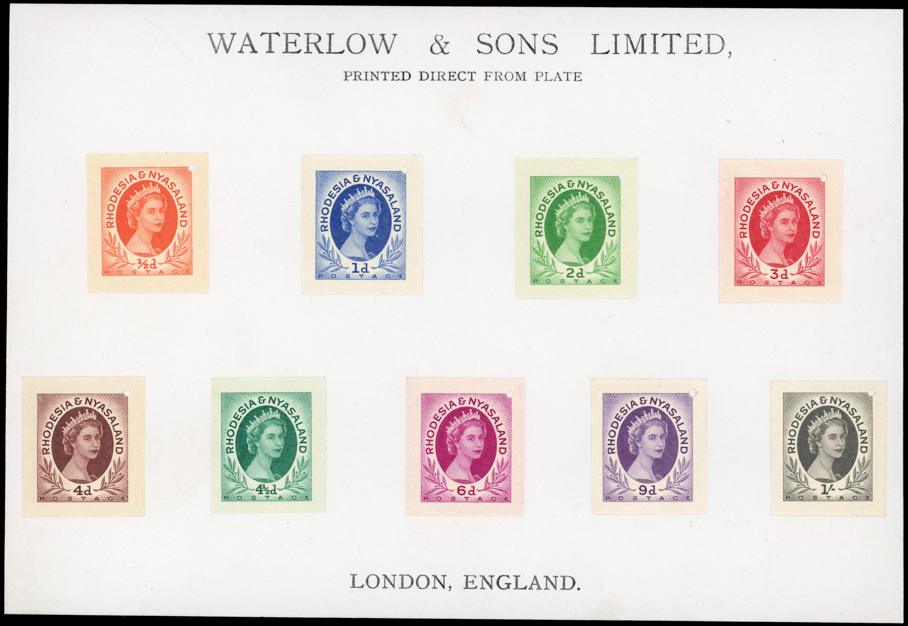 Rhodesia & Nyasaland SG 1-9 1954 ½d to 1/- on Waterlow sample sheet