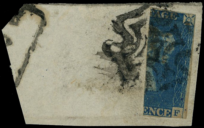 1840 2d Blue. Bisected and used on piece, black MC