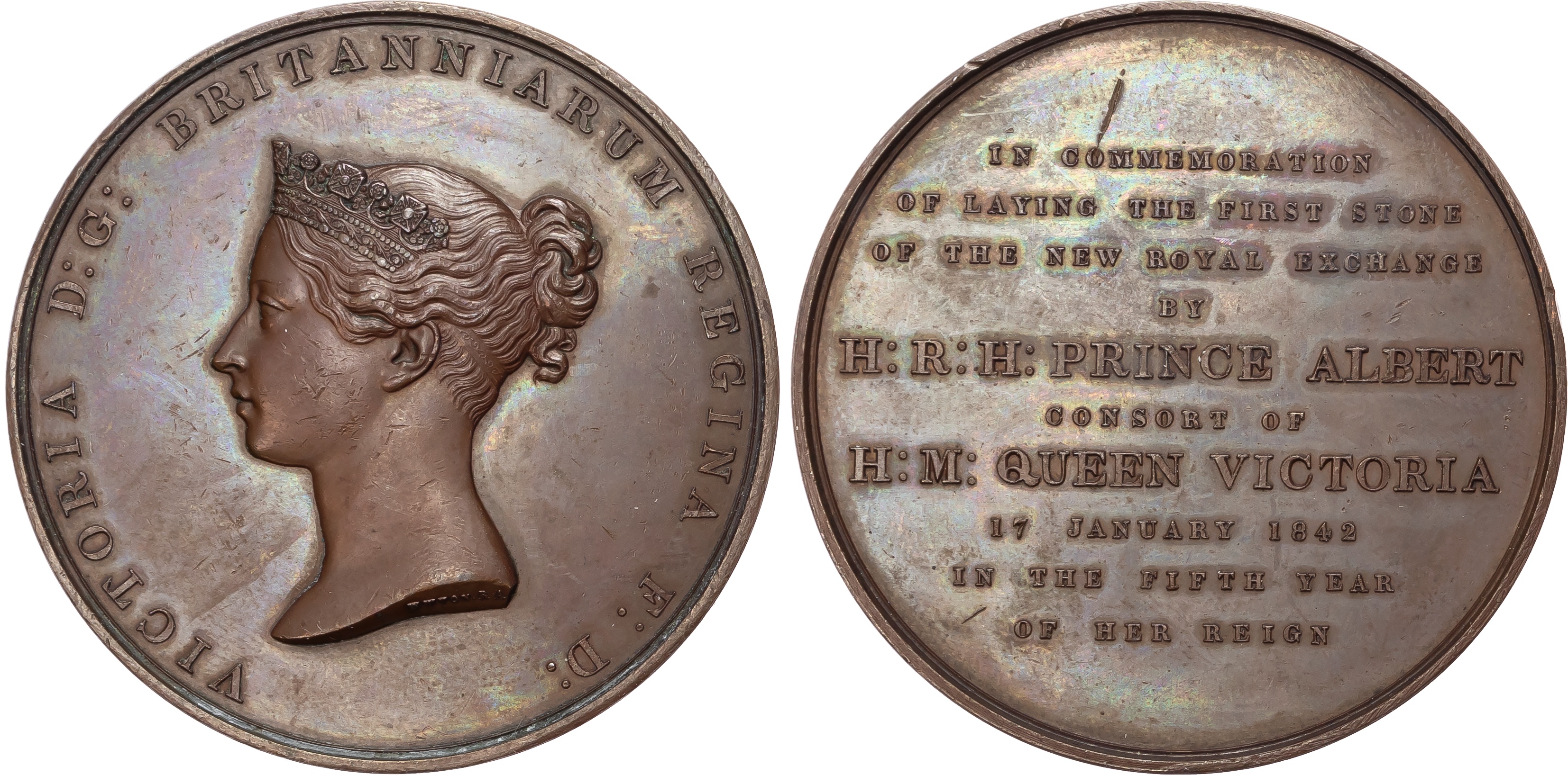 Victoria (1837-1901), Foundation of the New Royal Exchange, Copper Medal (45mm/44.89gm) 1842 by W. Wyon.