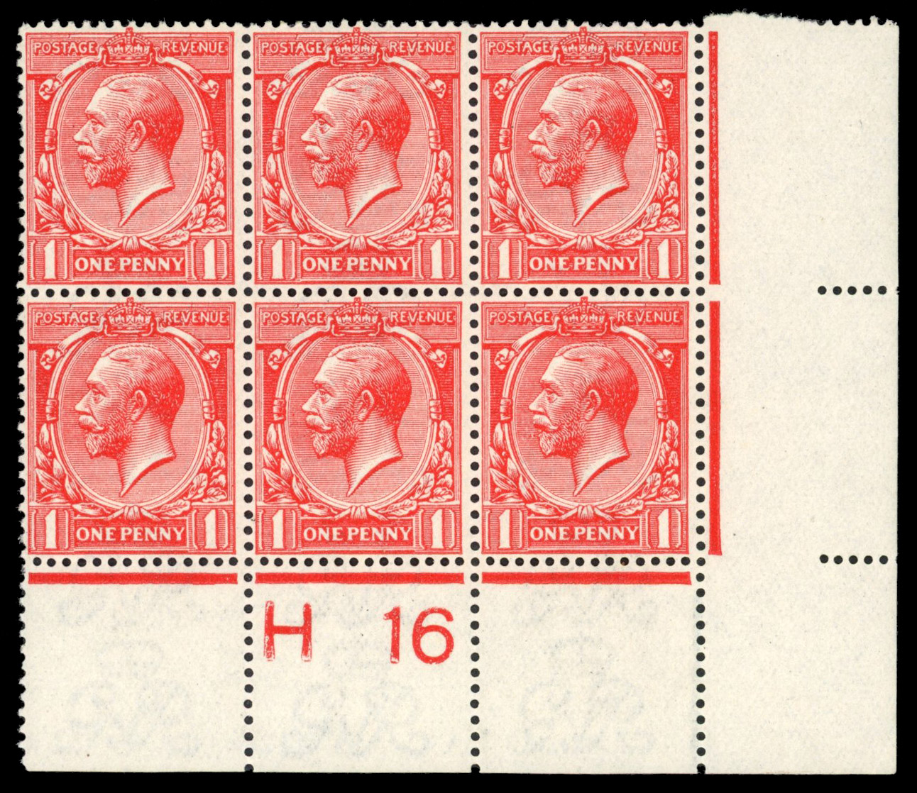 GB: 1912-24 1d deep red, mint unmounted o.g. control H16 block of six