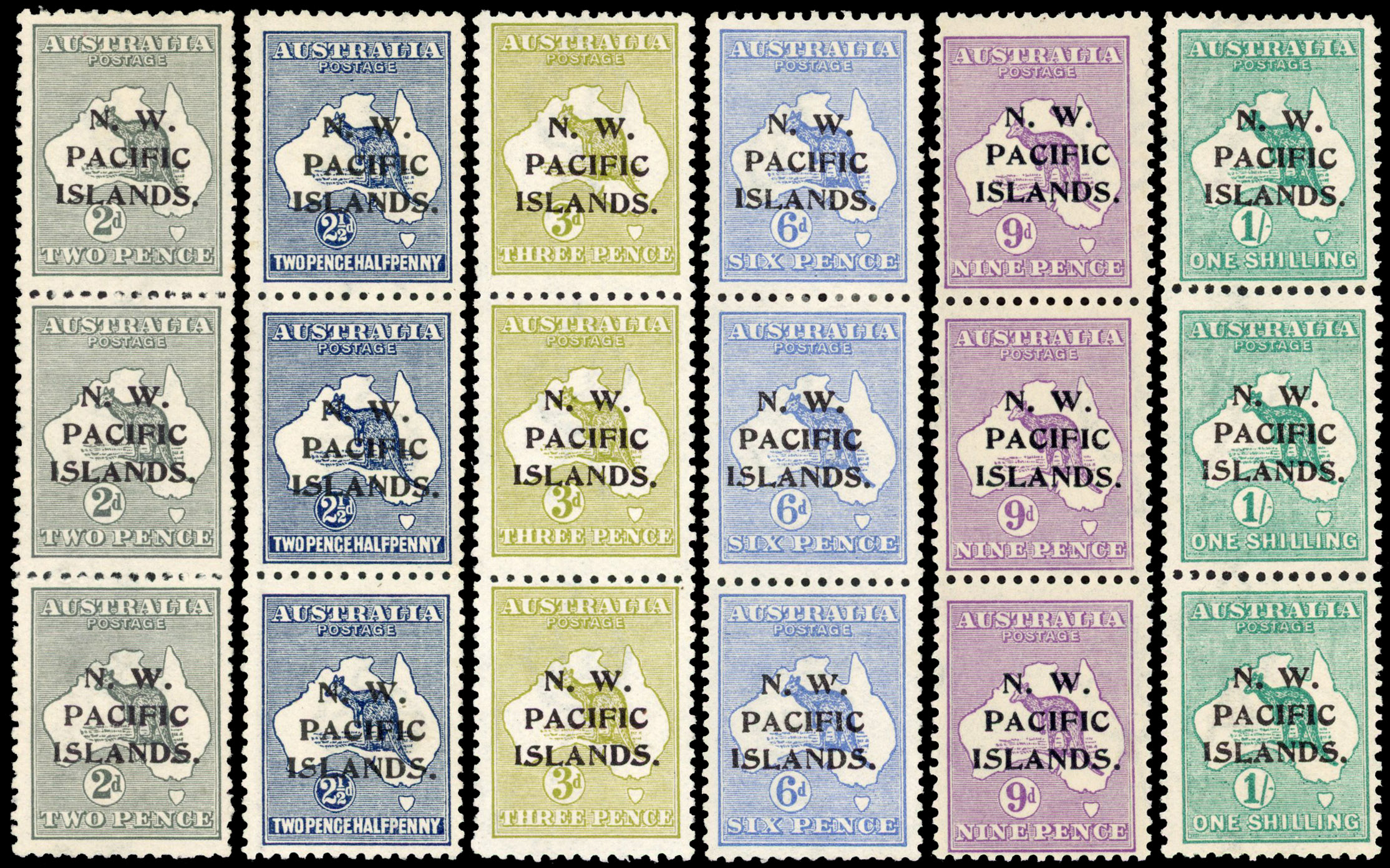 New Guinea 1915-16 2d to 1s watermark 2 strips of 3