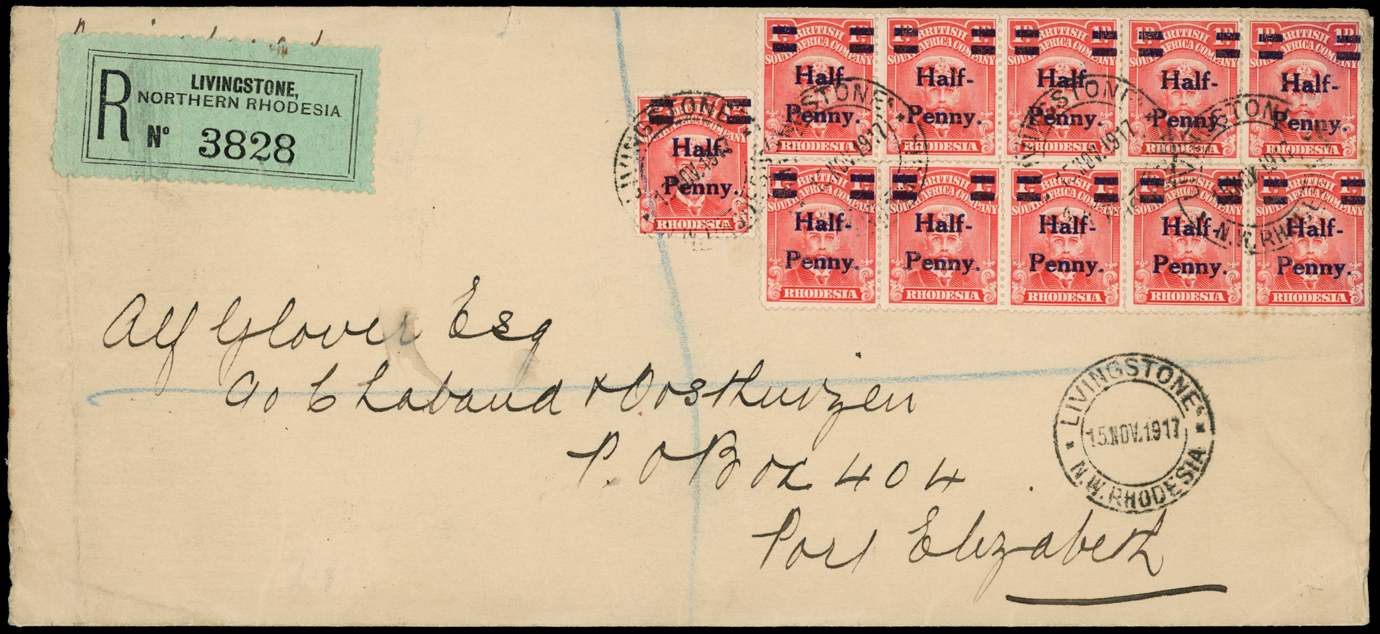 1917 registered cover (227 x 102mm) to...
