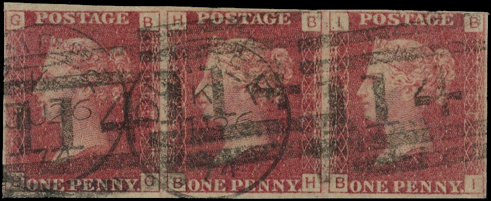 1868 1d Rose-red Pl.166. used imperforated horizontal strip of three