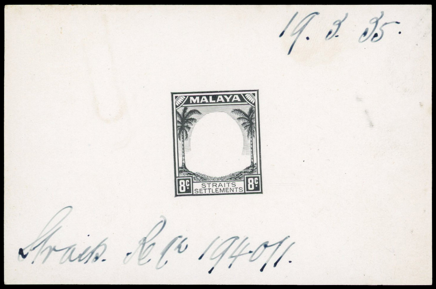 Straits Settlements 1935 8c frame die proof in black