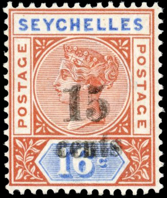 Seychelles SG 19b 1893 15c on 16c surcharge double mint
