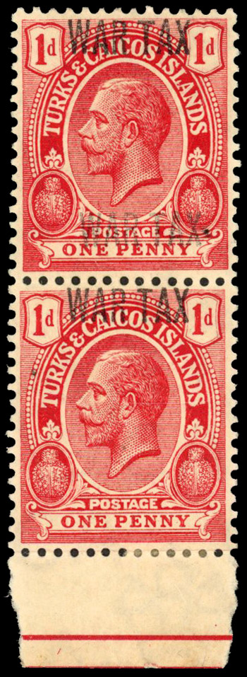 Turks and Caicos 1917 War Tax 1d error overprint double one at top one at bottom