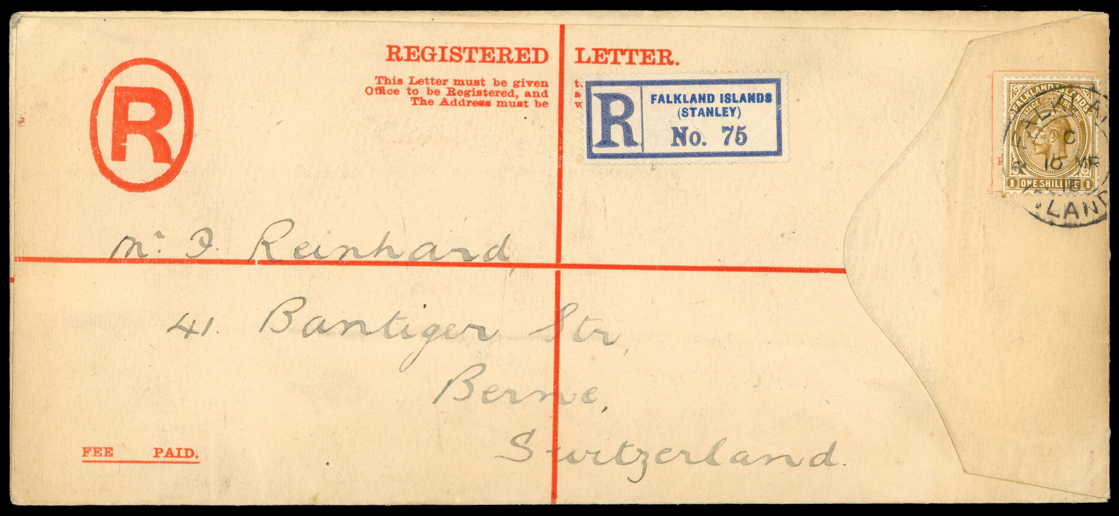 Falkland Islands 1916 formula registered envelope to Berne