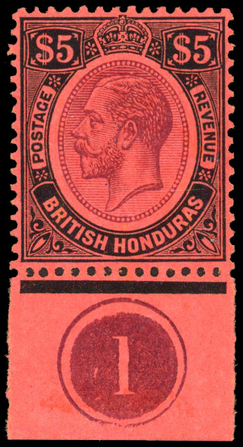British Honduras 1922-33 $5 plate number single