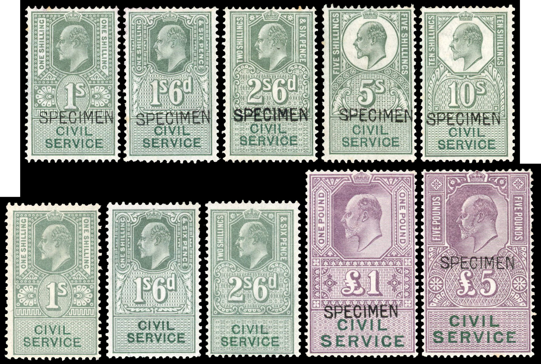 GB Great Britain CIVIL SERVICE KEVII revenue 1s to £5 Specimen & mint (3)