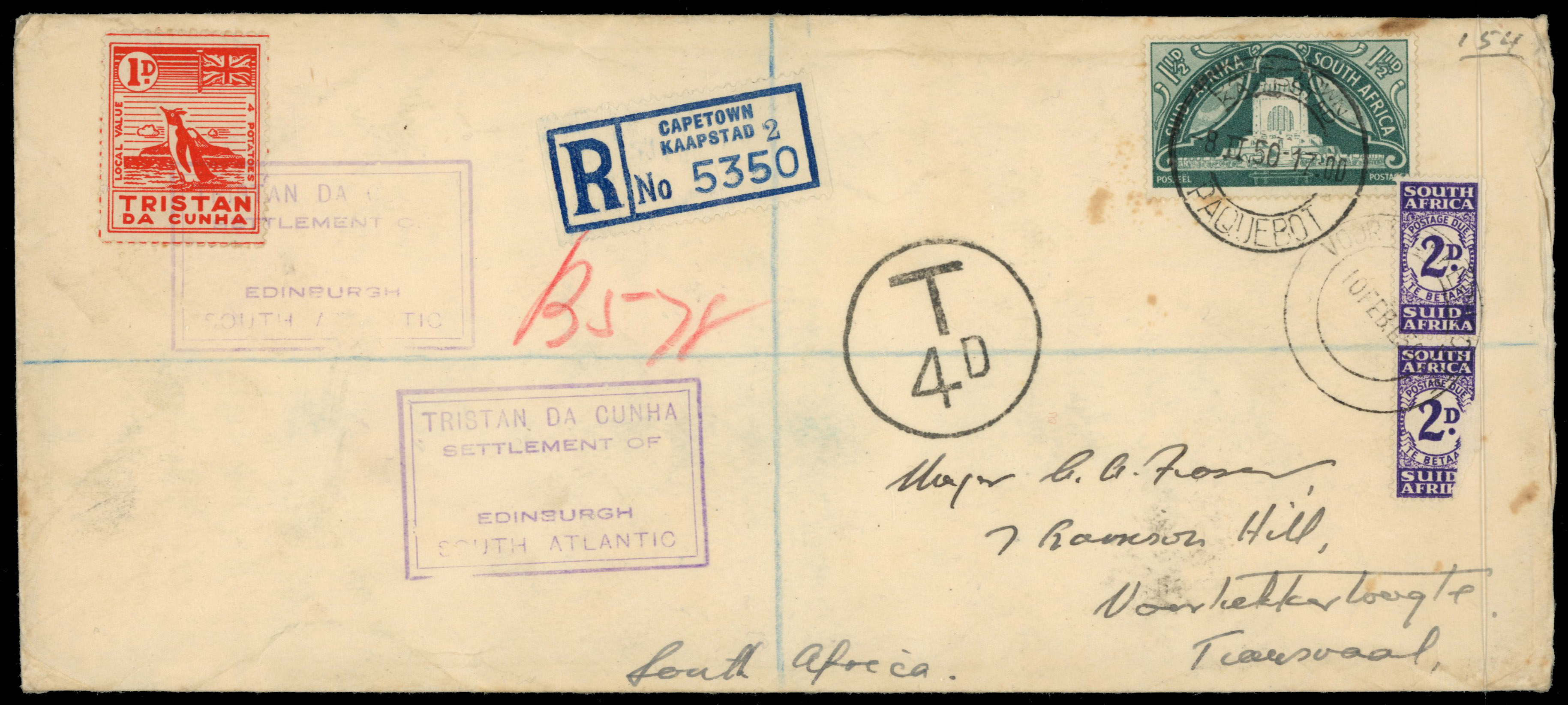 Tristan da Cunha 1950 registered cover bearing 1d 'Potato Stamp' 