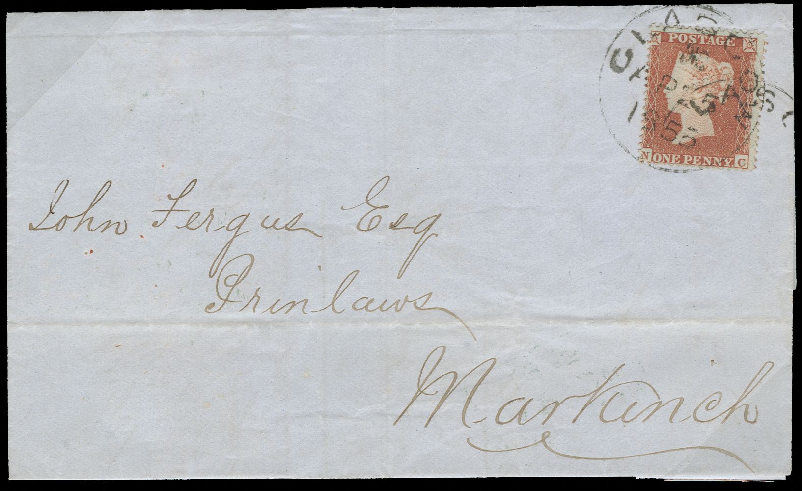 1855 1d Red-brown Pl.193. Very fine entire sent from Glasgow to Markinch bearing a 1d Red-brown Pl.193. (SG 17) lettered...