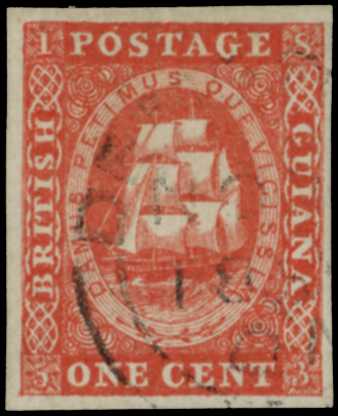 1853-59 1c vermilion imperf with 4 clear...