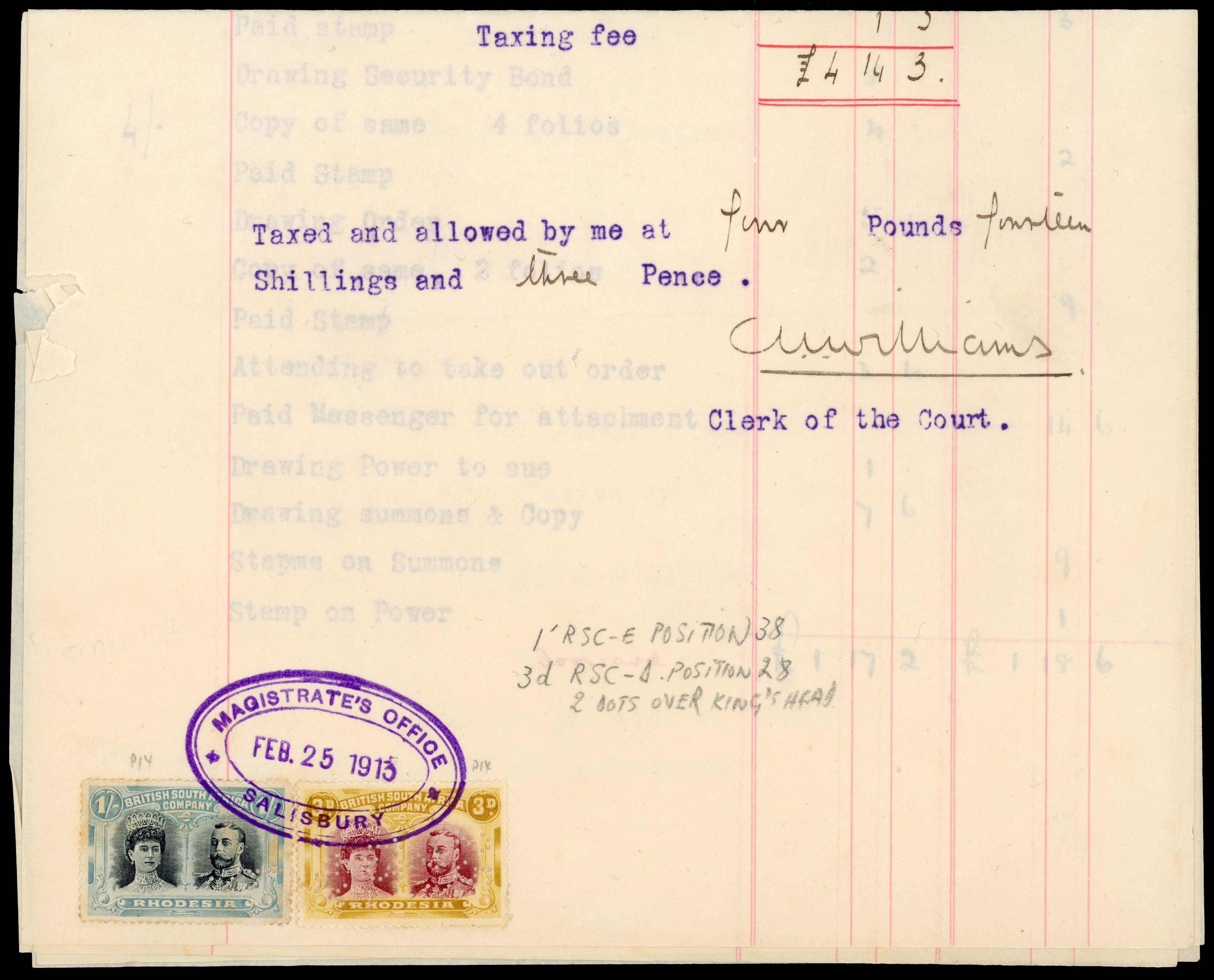 Rhodesia 1913 Court Fees document with 3d and 1s Double Heads