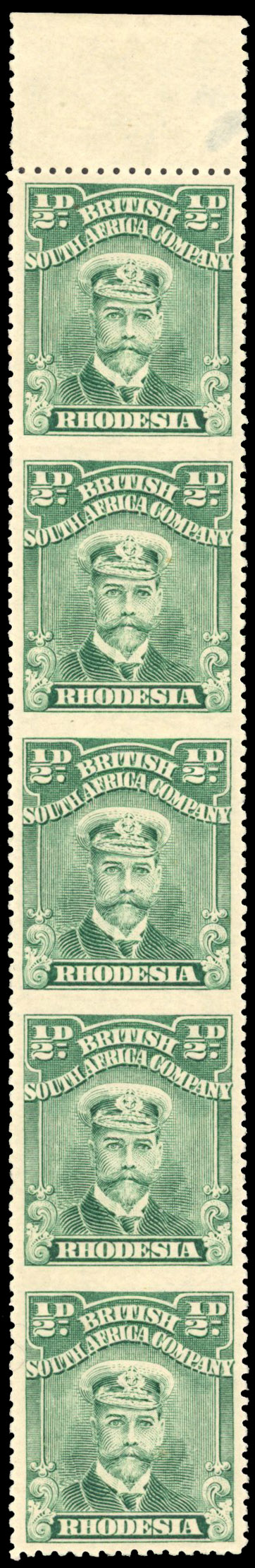Rhodesia 1913-19 ½d dull deep green perf 14 vertical strip of 5 error Imperf between