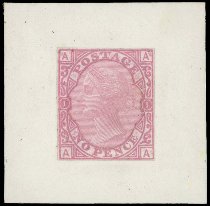 1879 Tender Essay. Very fine paste-up essay in pink for a ‘No Pence’ value lettered AA, produced using the portrait cut …