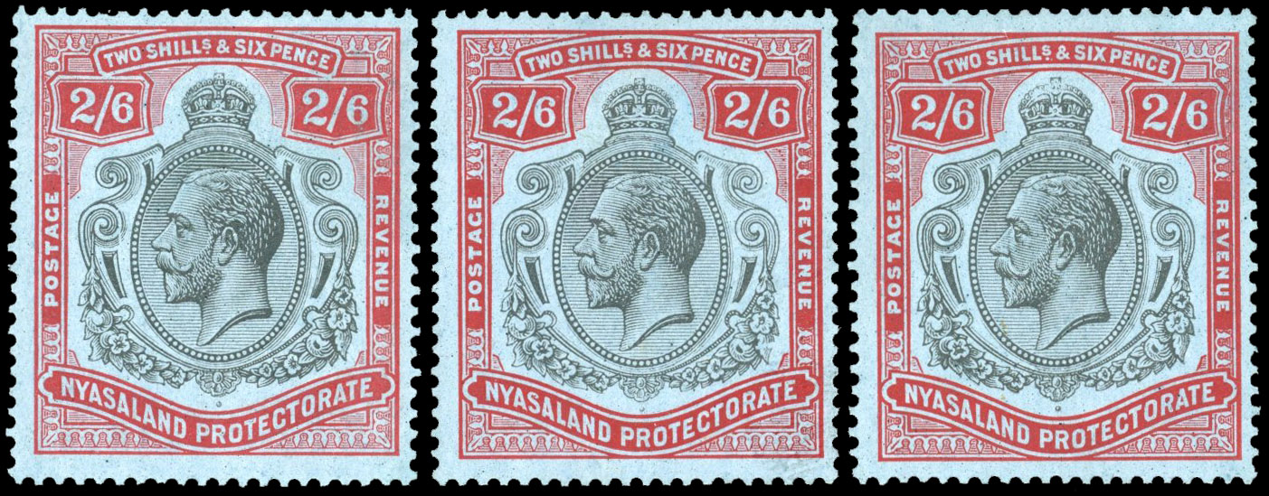 Nyasaland SG 110e, f, i 1924 2/6d plate flaws mint