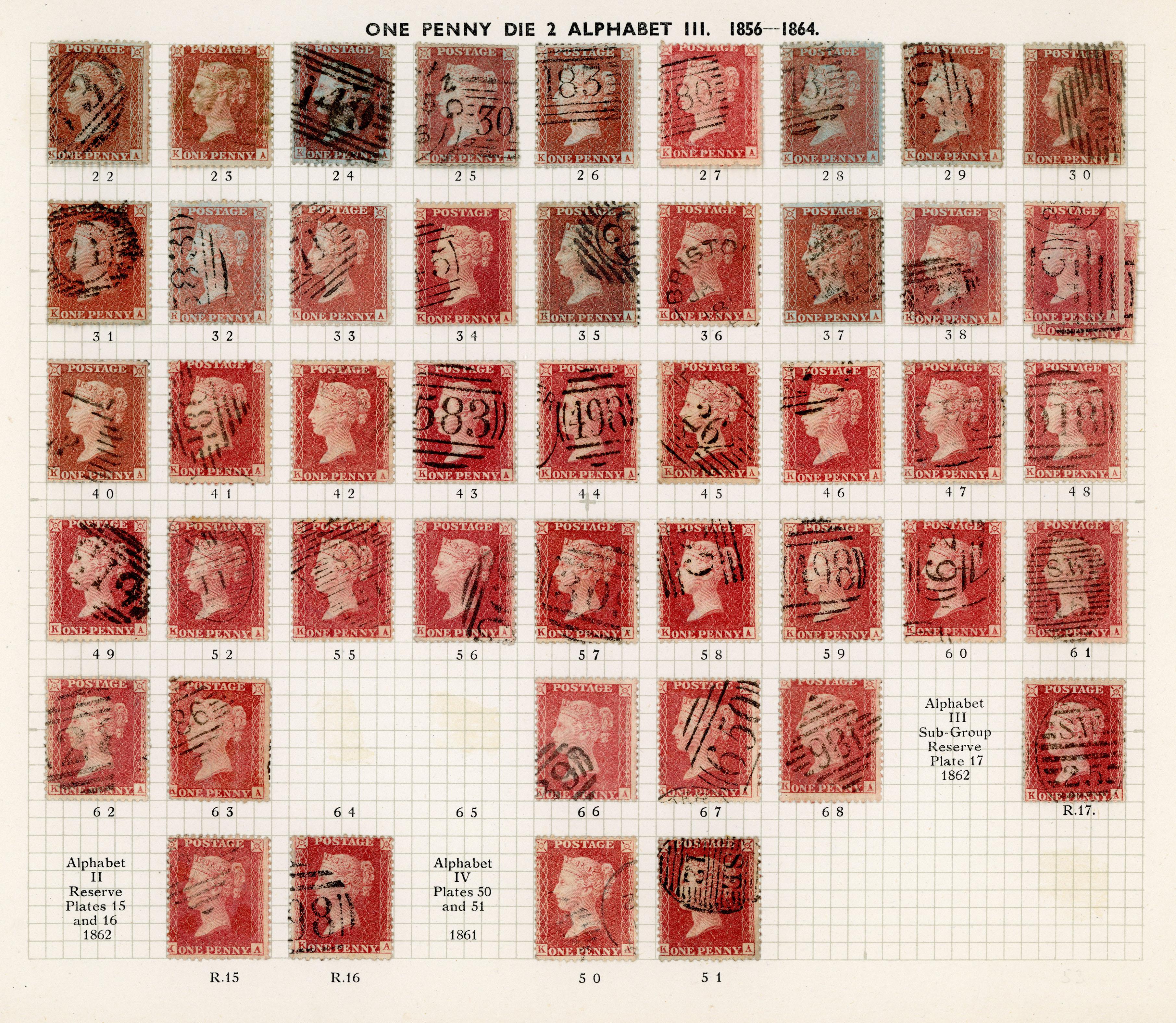 GB 1856-64 1d reds from Plates 22 - R17, the K Row