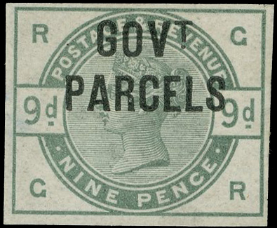 GOVERNMENT PARCELS: 1883 9d dull green (GR), imperforate imprimatur, fine large part og