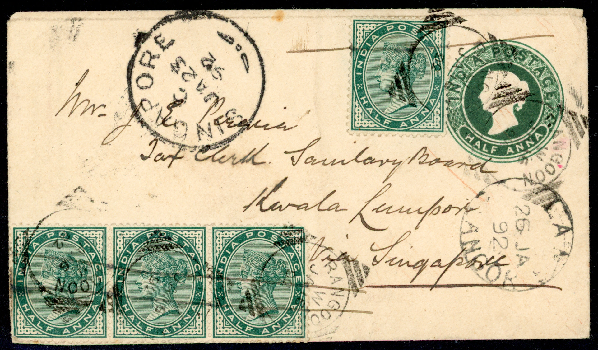 India 1892 envelope from Rangoon to Singapore 