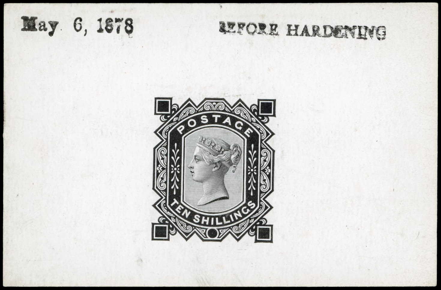 GB 1867-83 10s die proof, printed in black on white glazed card, For SG 131