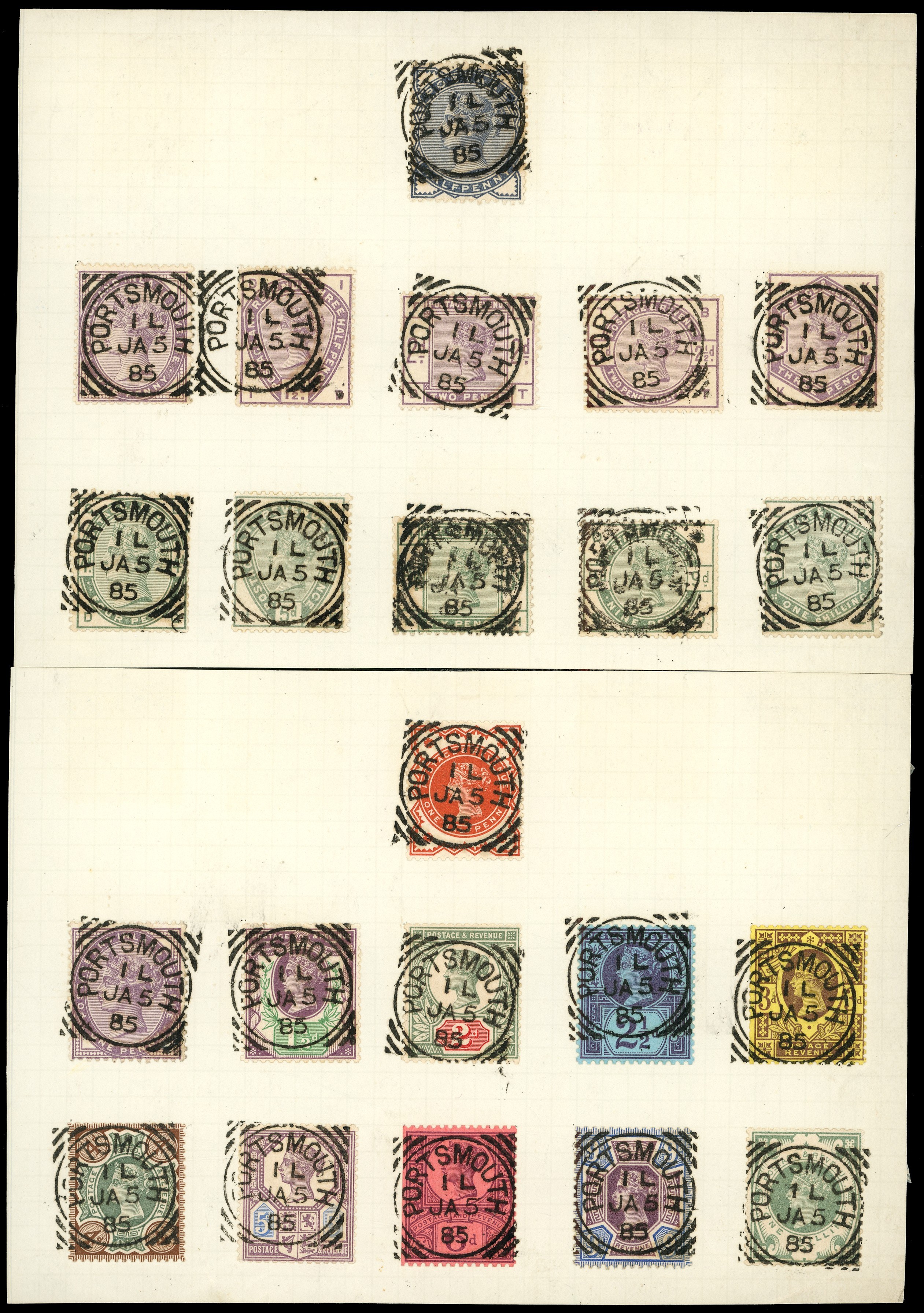 Great Britain DLR Appendix page with lilac & Green and Jubilees with trial portsmouth cancellation