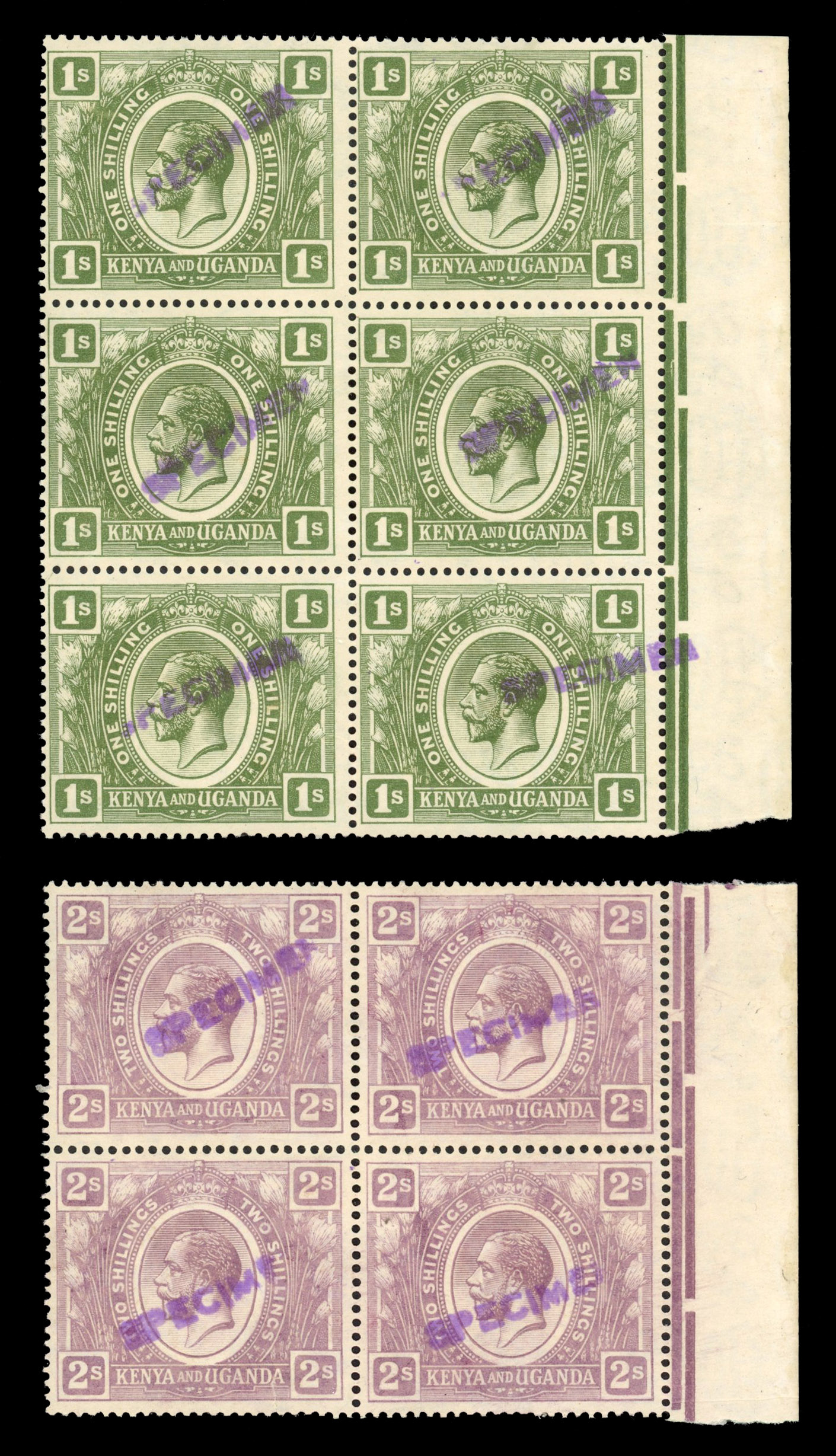 KUT SG 87s-88s 1922 1/- and 2/- blocks with local Specimen handstamps